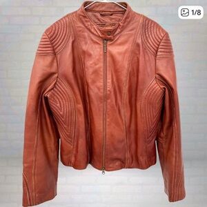 Danier Rich Brown Leather Moto Jacket Distressed 90s Biker Womens XL vintage